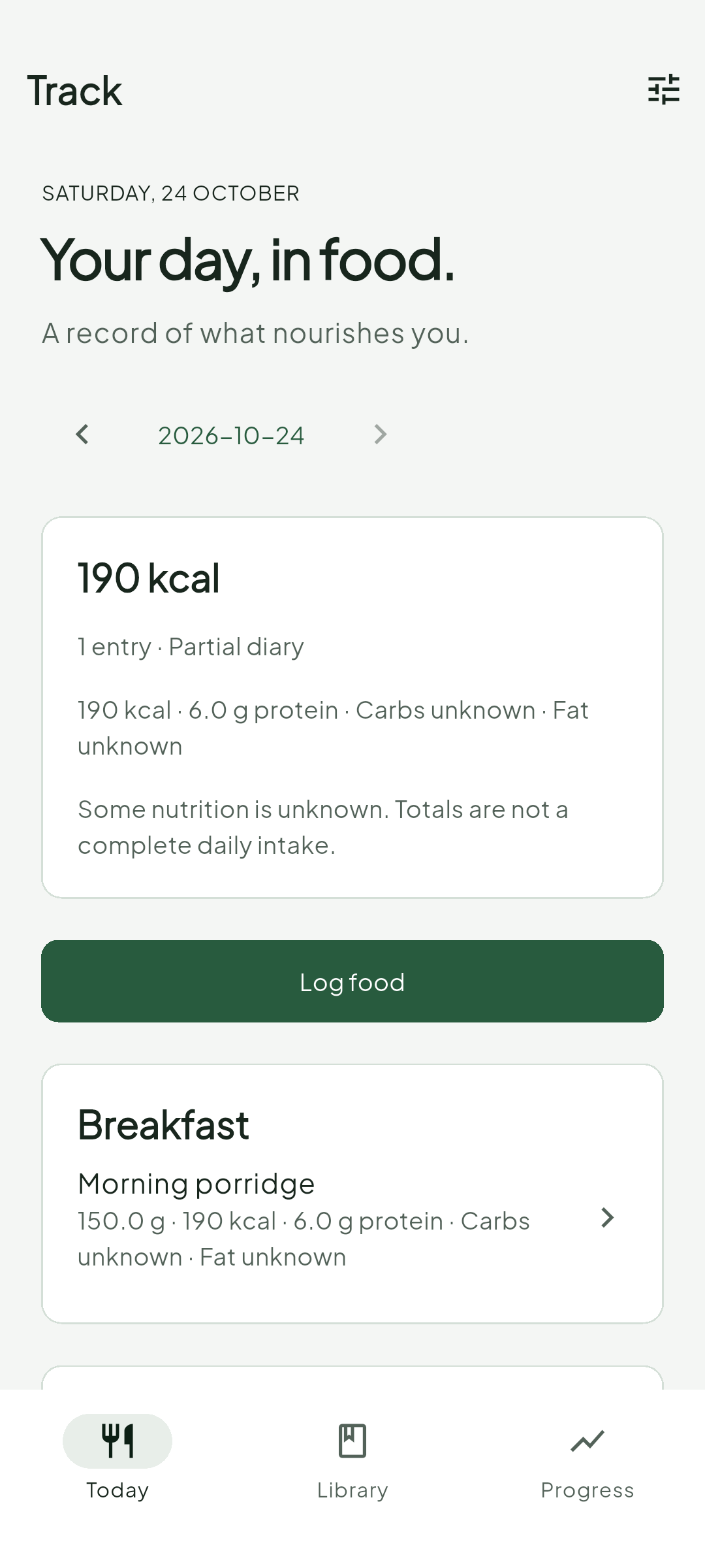 Track diary Android app sample screen